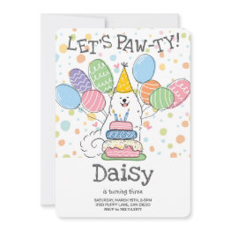 Small White Samoyed Dog Birthday Party Invitation Front View