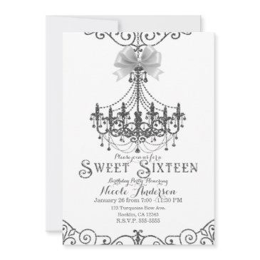 white & silver white bow chic sweet 16 sixteen invitation