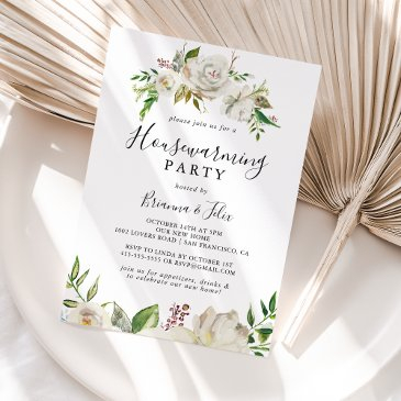 white winter peony floral housewarming party invitation