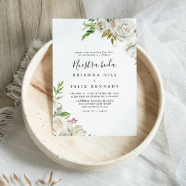 Small White Winter Peony Floral Nuestra Boda Wedding Invitation Front View