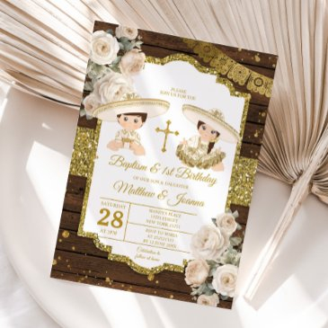 white wood baptism 1st birthday twin boy & girl invitation