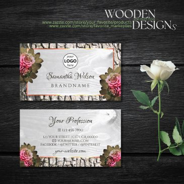 white wood grain pink roses natural tree bark logo business invitations
