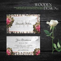 Small White Wood Grain Pink Roses Tree Bark And Initials Business Invitations Front View