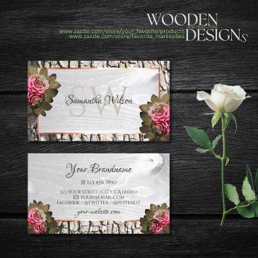 white wood grain pink roses tree bark and initials business invitations