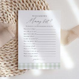Small Who Knows Mommy Best Sage Gingham Baby Shower Game Invitation Front View