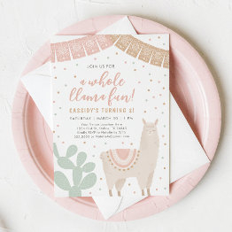 Small Whole Llama Fun Llama Alpaca Girl Birthday Invitation Front View