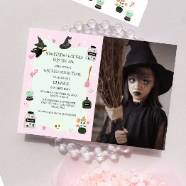 Small Wickedly Cute Green Witch Birthday Party Photo Invitation Front View