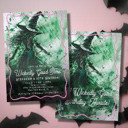 Small Wickedly Good Time Green Witch Drawing Birthday Invitation Front View
