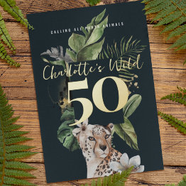 Small Wild Jungle Leopard 50th Birthday Party Foil Invitation Front View