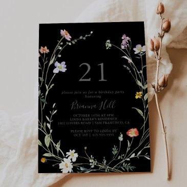 wild multicolor floral black 21st birthday party invitation