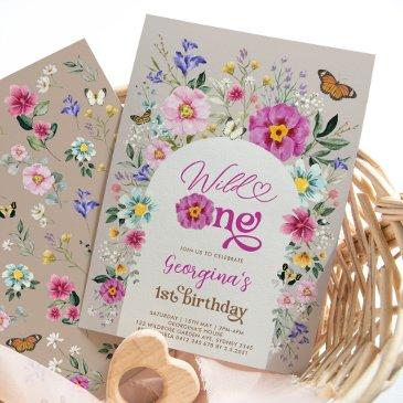 wild one colorful boho wildflower 1st birthday invitation