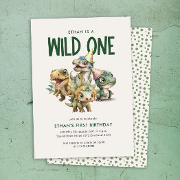 Small Wild One Cute Dinosaur First Birthday Party Invitation Front View