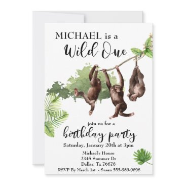 wild one jungle watercolor monkeys invitation