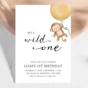 wild one minimalist monkey first birthday invitation