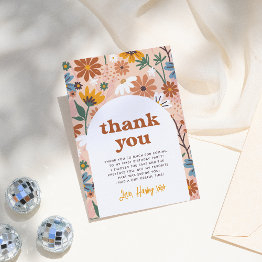 Small Wild One Retro Boho Wildflower 1st Birthday Party Thank You Invitations Front View