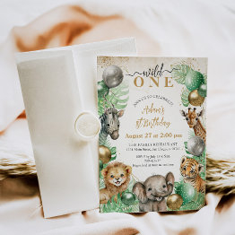 Small Wild One Safari Animals Balloon Baby 1st Birthday Invitation Front View