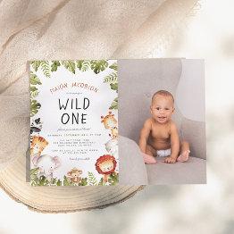Small Wild One Safari Animals Boy Photo Birthday Party Invitation Front View