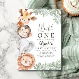 Small Wild One Safari Boy's 1st Birthday Invitation Front View