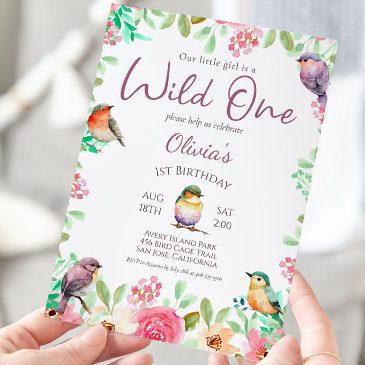 wild one watercolor little girl bird 1st birthday invitation