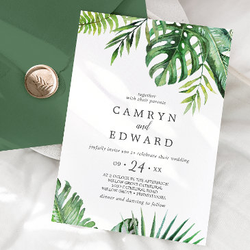 wild tropical palm casual wedding invitation