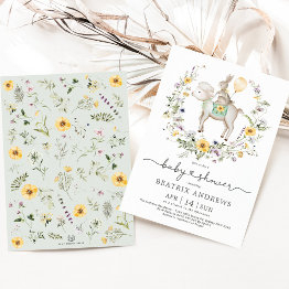 Small Wildflower Bunny Lamb Balloon Neutral Baby Shower Invitation Front View