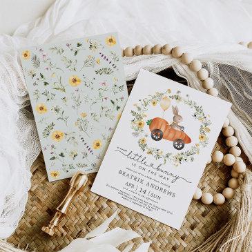 wildflower bunny riding a carrot car baby shower invitation