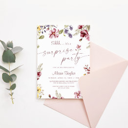 Small Wildflower Calligraphy Birthday Surprise Party Invitation Front View