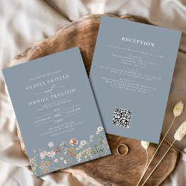 Small Wildflower Dusty Blue All In One Qr Code Wedding Invitation Front View