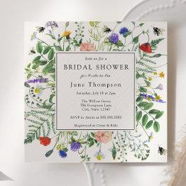 Small Wildflower Fields And Buzzing Bees Bridal Shower Invitation Front View