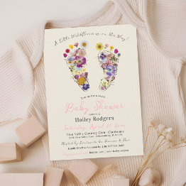 Small Wildflower Footprints Beige Baby Girl Shower Invitation Front View