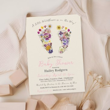 wildflower footprints beige baby girl shower invitation