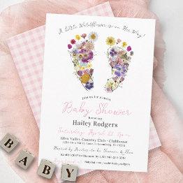 Small Wildflower Footprints Floral Baby Girl Shower Invitation Front View