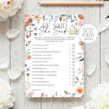 wildflower he said, she said bridal shower game invitation