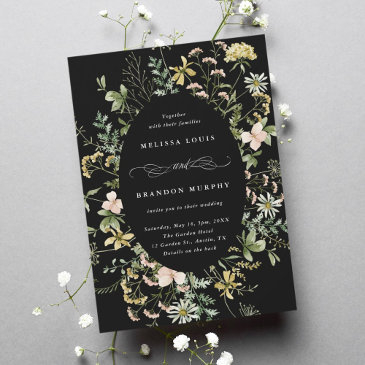 wildflower oval frame wedding black invitation