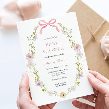 wildflower pink bow baby shower invitation