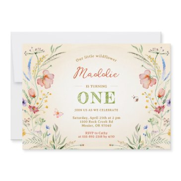 wildflower turning one 1st first girl's birthday invitation