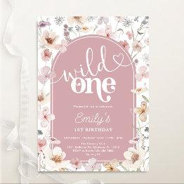 Small Wildflowers 1st Birthday Wild One Blush Pink Invitation Front View