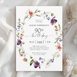 Small Wildflowers Feminine Floral 90th Birthday Party Invitation Front View