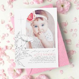 Small Wildflowers Hand-drawn Baptism Baby Girl Photo Invitation Front View