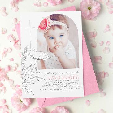 wildflowers hand-drawn baptism baby girl photo invitation