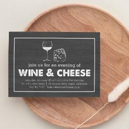 Small Wine & Cheese Party Black & White Chalkboard Invitation Front View