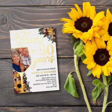 wine glass cheers to 50 years wedding anniversary foil invitation