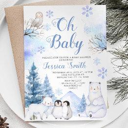 Small Winter Arctic Animal Mountain Baby Shower Invitation Front View