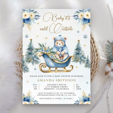 winter blue gold floral teddy bear baby shower invitation