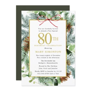 winter botanical floral gold 80th birthday party invitation