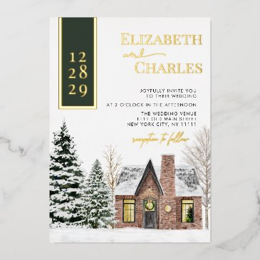 winter cabin cottage green rustic wedding foil invitation