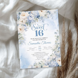 Small Winter Dusty Blue And Ivory Flowers Sweet 16 Invitation Front View