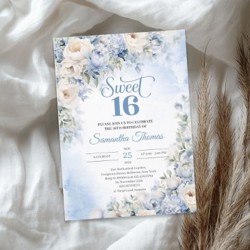 winter dusty blue and ivory flowers sweet 16 invitation