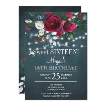 winter floral elegant burgundy sweet sixteen invitation