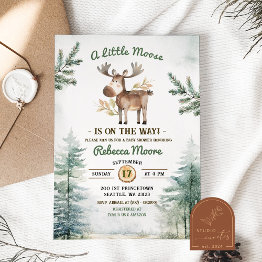 Small Winter Forest Moose Baby Shower Invitation Front View